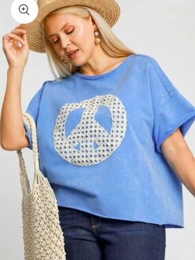 Umgee Blue Boxy Tee with Cream Peace Graphic